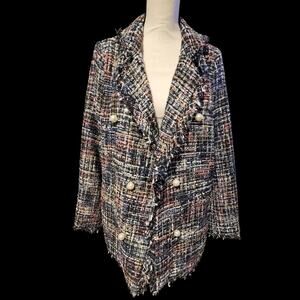 Multicoloured tweed coat with pearl